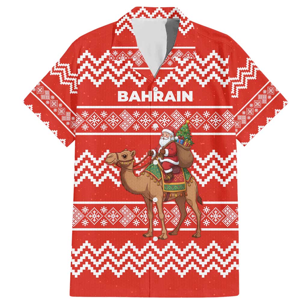 Bahrain Christmas Hawaiian Shirt with Santa Riding Camel Red Geometric Pattern and Festive Design - Wonder Print Shop
