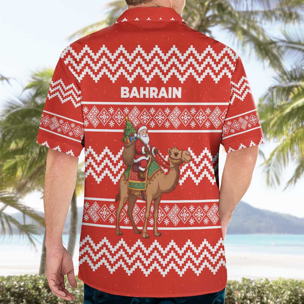 Bahrain Christmas Hawaiian Shirt with Santa Riding Camel Red Geometric Pattern and Festive Design - Wonder Print Shop