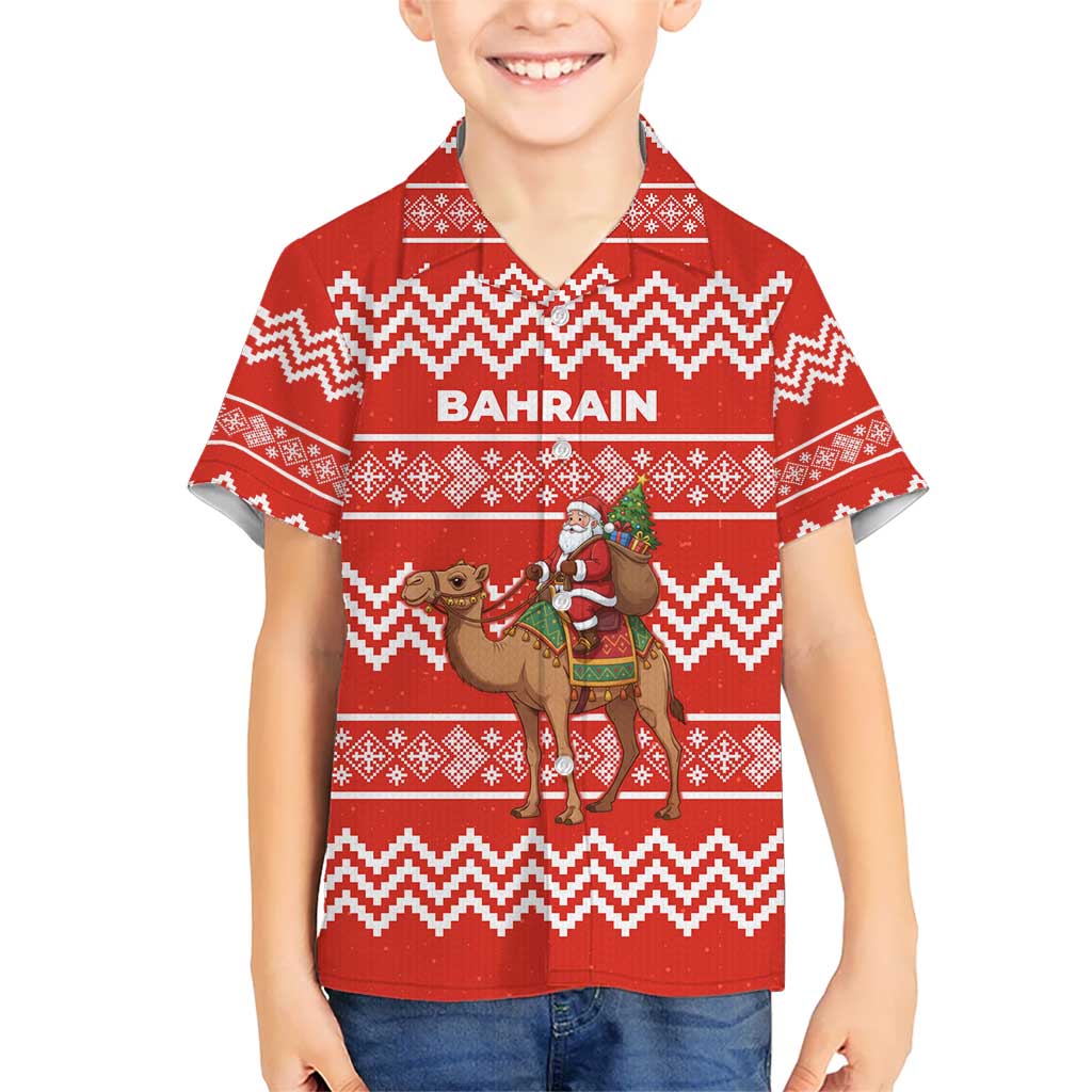 Bahrain Christmas Hawaiian Shirt with Santa Riding Camel Red Geometric Pattern and Festive Design - Wonder Print Shop