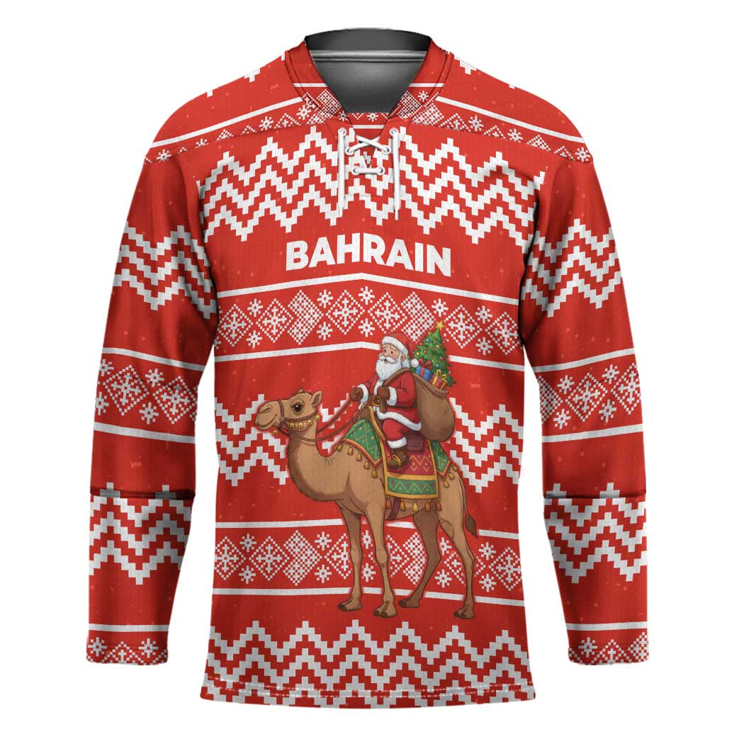Bahrain Christmas Hockey Jersey with Santa Riding Camel Red Geometric Pattern and Festive Design - Wonder Print Shop