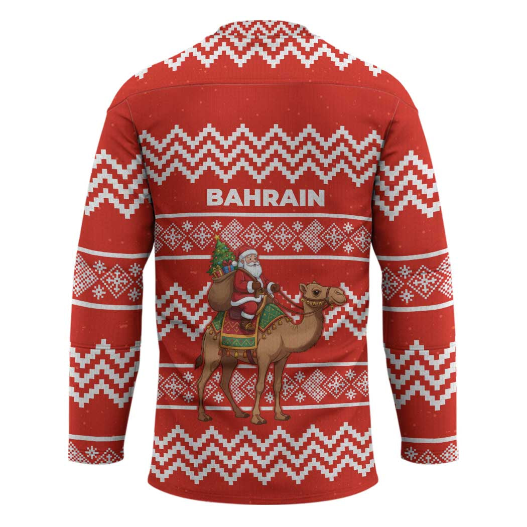 Bahrain Christmas Hockey Jersey with Santa Riding Camel Red Geometric Pattern and Festive Design - Wonder Print Shop