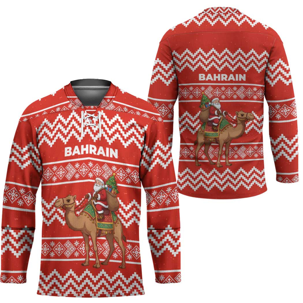 Bahrain Christmas Hockey Jersey with Santa Riding Camel Red Geometric Pattern and Festive Design - Wonder Print Shop