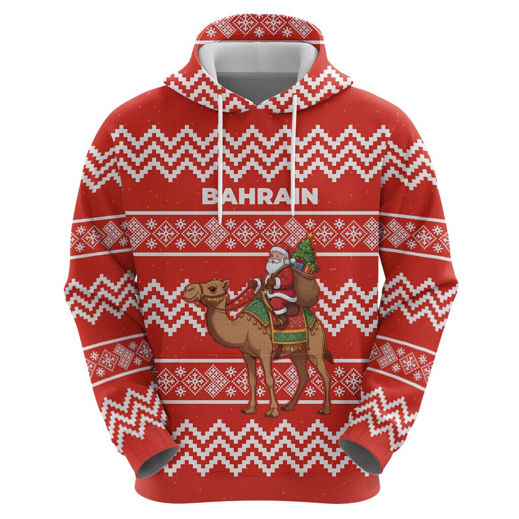 Bahrain Christmas Hoodie with Santa Riding Camel Red Geometric Pattern and Festive Design - Wonder Print Shop