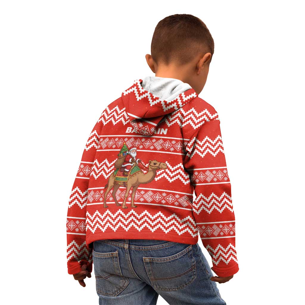 Bahrain Christmas Kid Hoodie with Santa Riding Camel Red Geometric Pattern and Festive Design - Wonder Print Shop