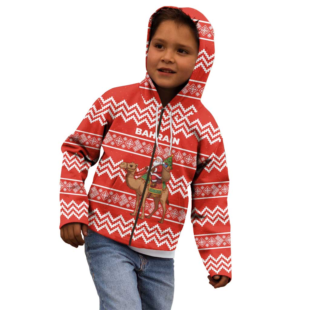 Bahrain Christmas Kid Hoodie with Santa Riding Camel Red Geometric Pattern and Festive Design - Wonder Print Shop