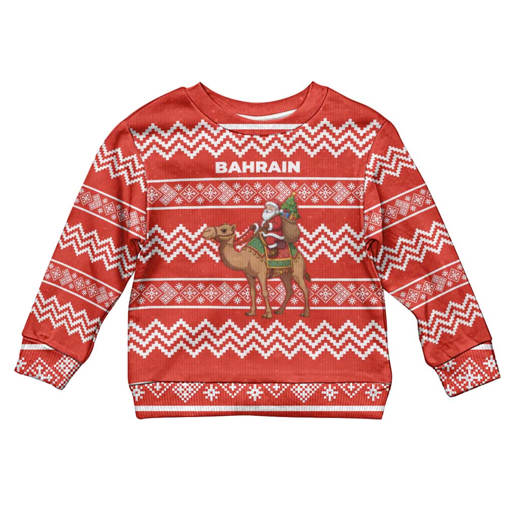 Bahrain Christmas Kid Ugly Christmas Sweater with Santa Riding Camel Red Geometric Pattern and Festive Design - Wonder Print Shop