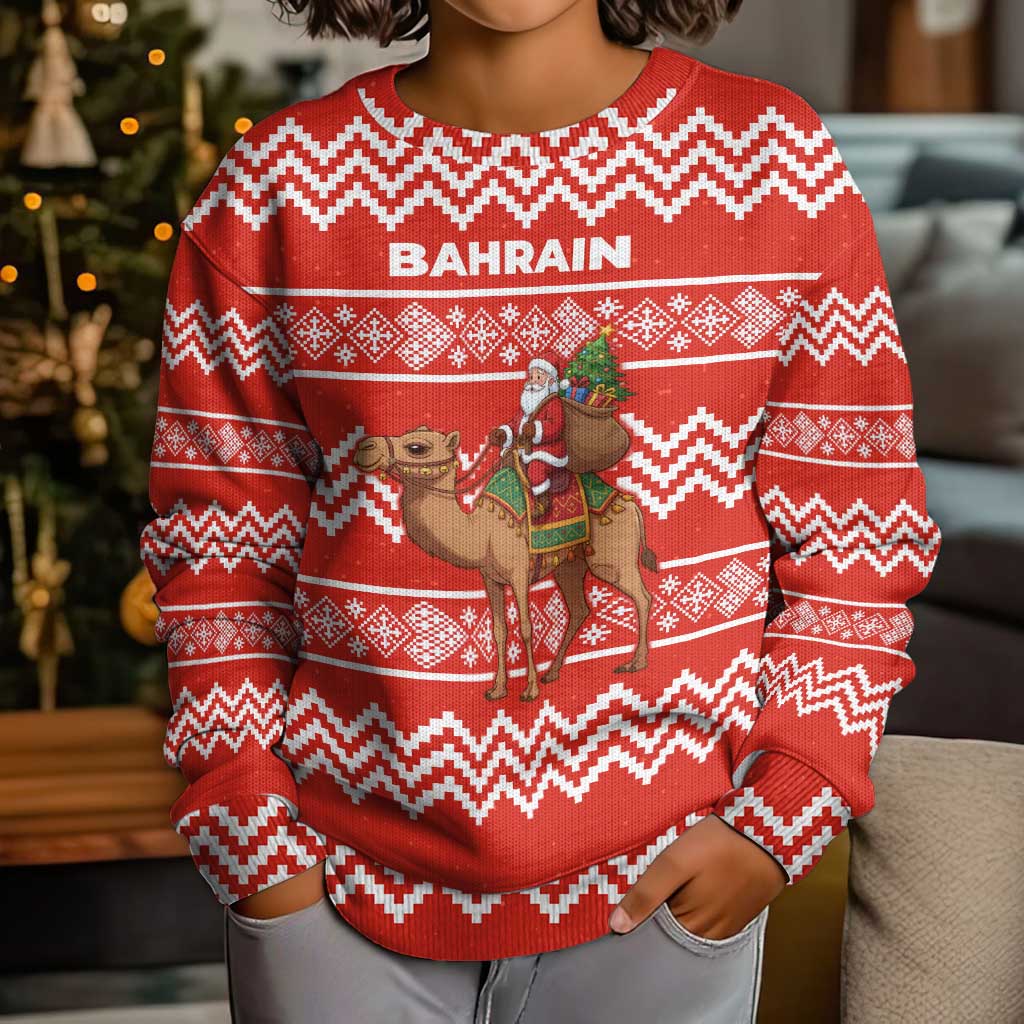 Bahrain Christmas Kid Ugly Christmas Sweater with Santa Riding Camel Red Geometric Pattern and Festive Design - Wonder Print Shop