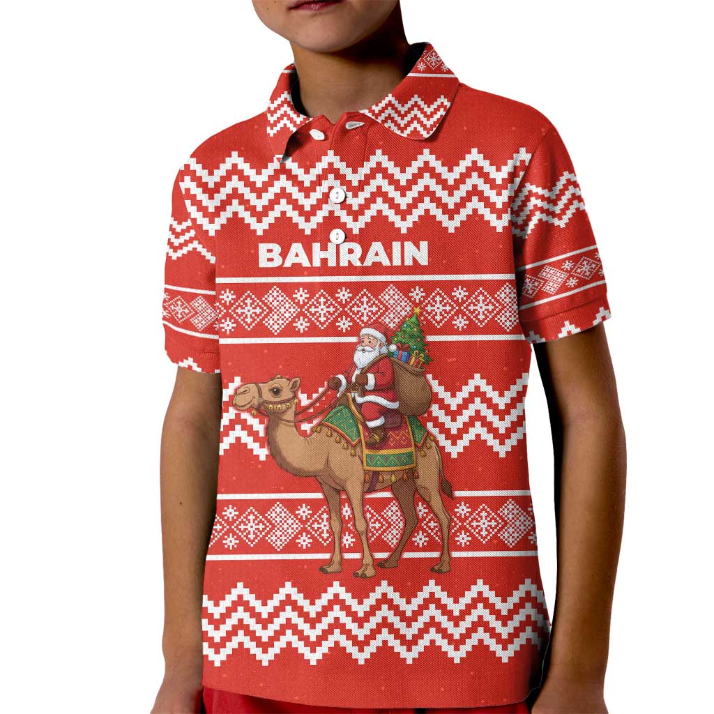 Bahrain Christmas Kid Polo Shirt with Santa Riding Camel Red Geometric Pattern and Festive Design - Wonder Print Shop