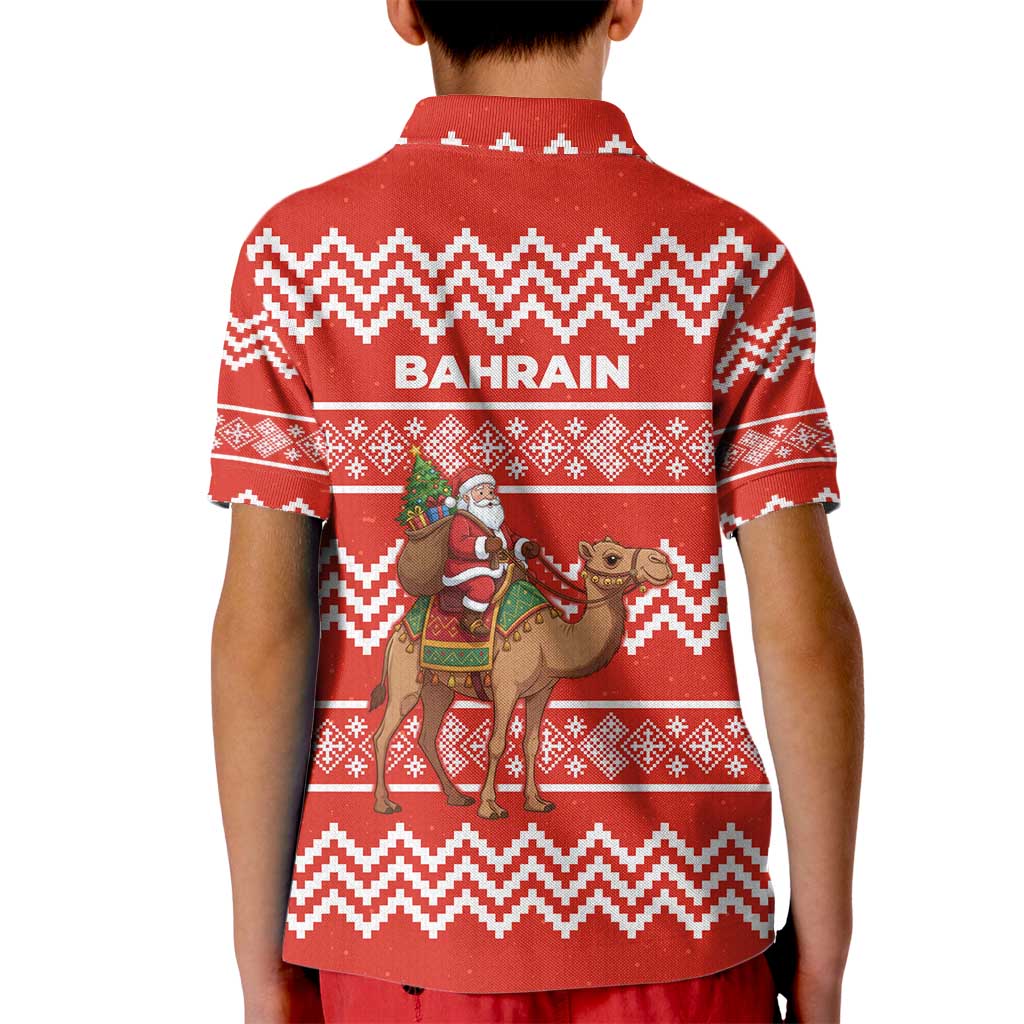 Bahrain Christmas Kid Polo Shirt with Santa Riding Camel Red Geometric Pattern and Festive Design - Wonder Print Shop