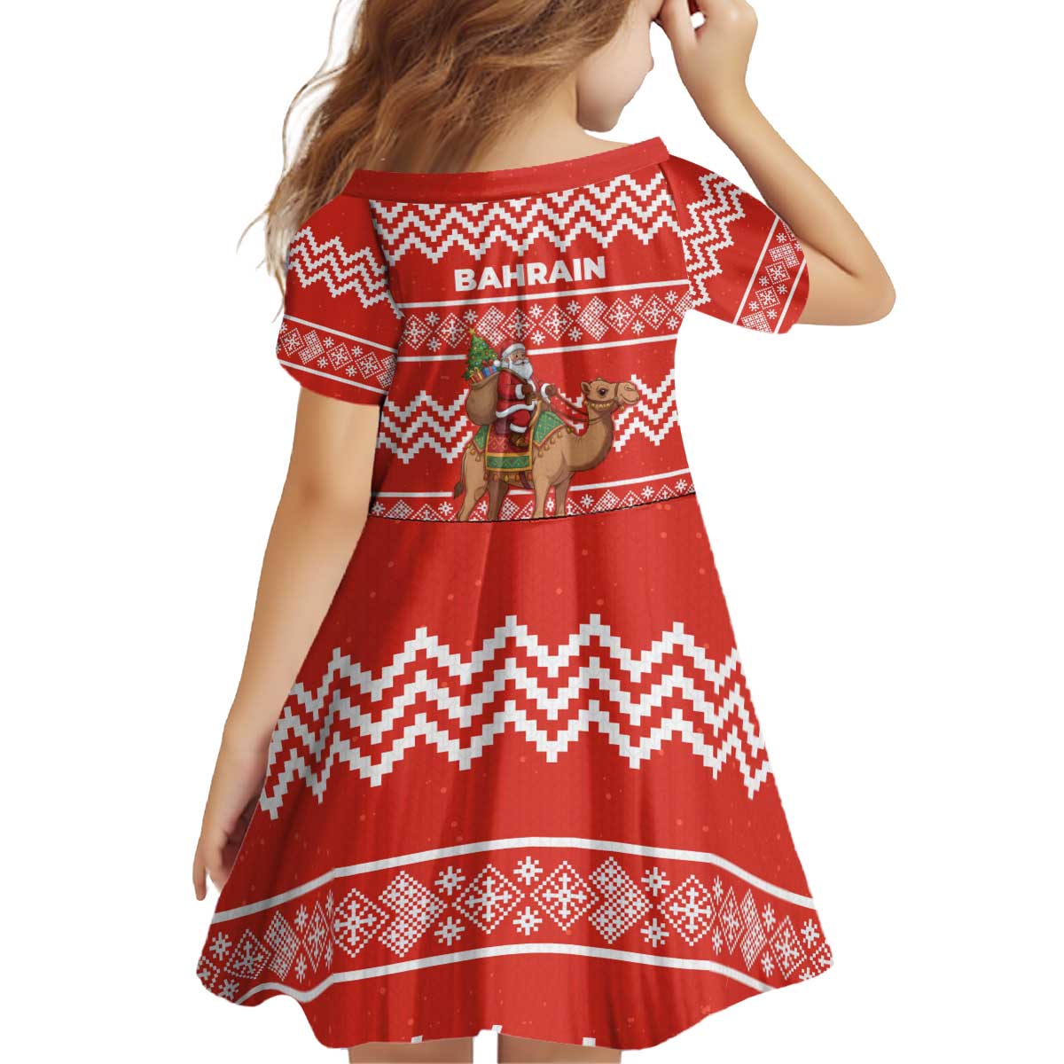 Bahrain Christmas Kid Short Sleeve Dress with Santa Riding Camel Red Geometric Pattern and Festive Design - Wonder Print Shop