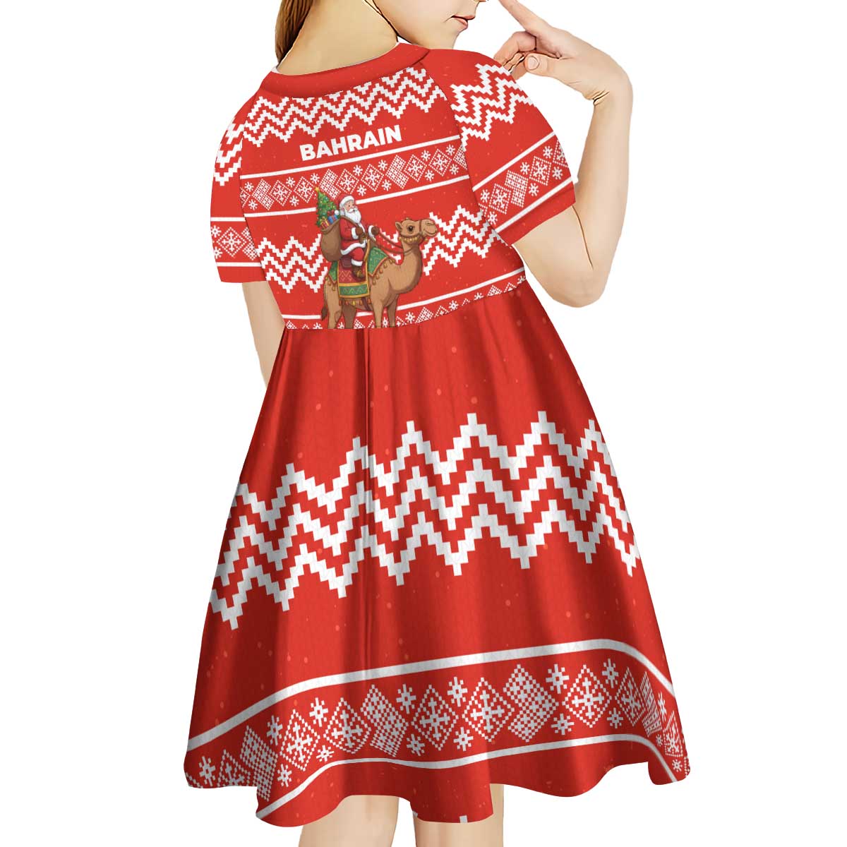 Bahrain Christmas Kid Short Sleeve Dress with Santa Riding Camel Red Geometric Pattern and Festive Design - Wonder Print Shop