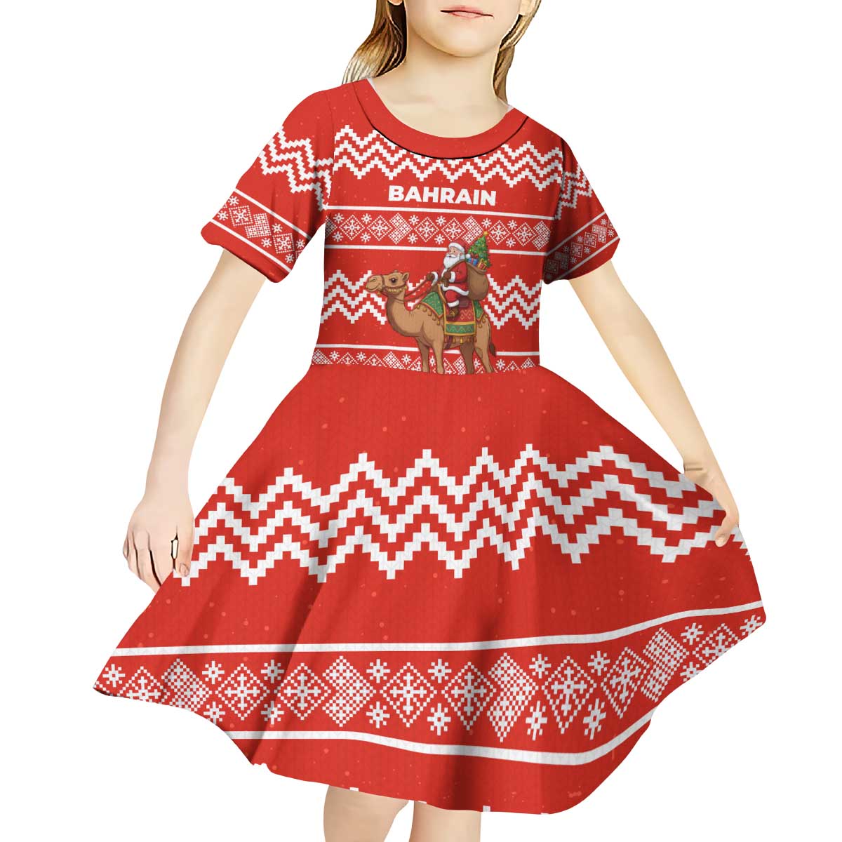 Bahrain Christmas Kid Short Sleeve Dress with Santa Riding Camel Red Geometric Pattern and Festive Design - Wonder Print Shop