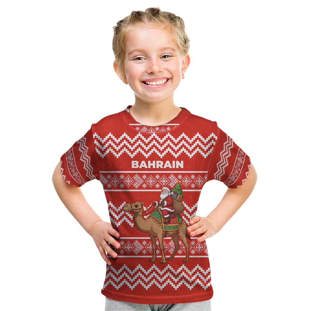 Bahrain Christmas Kid T Shirt with Santa Riding Camel Red Geometric Pattern and Festive Design - Wonder Print Shop