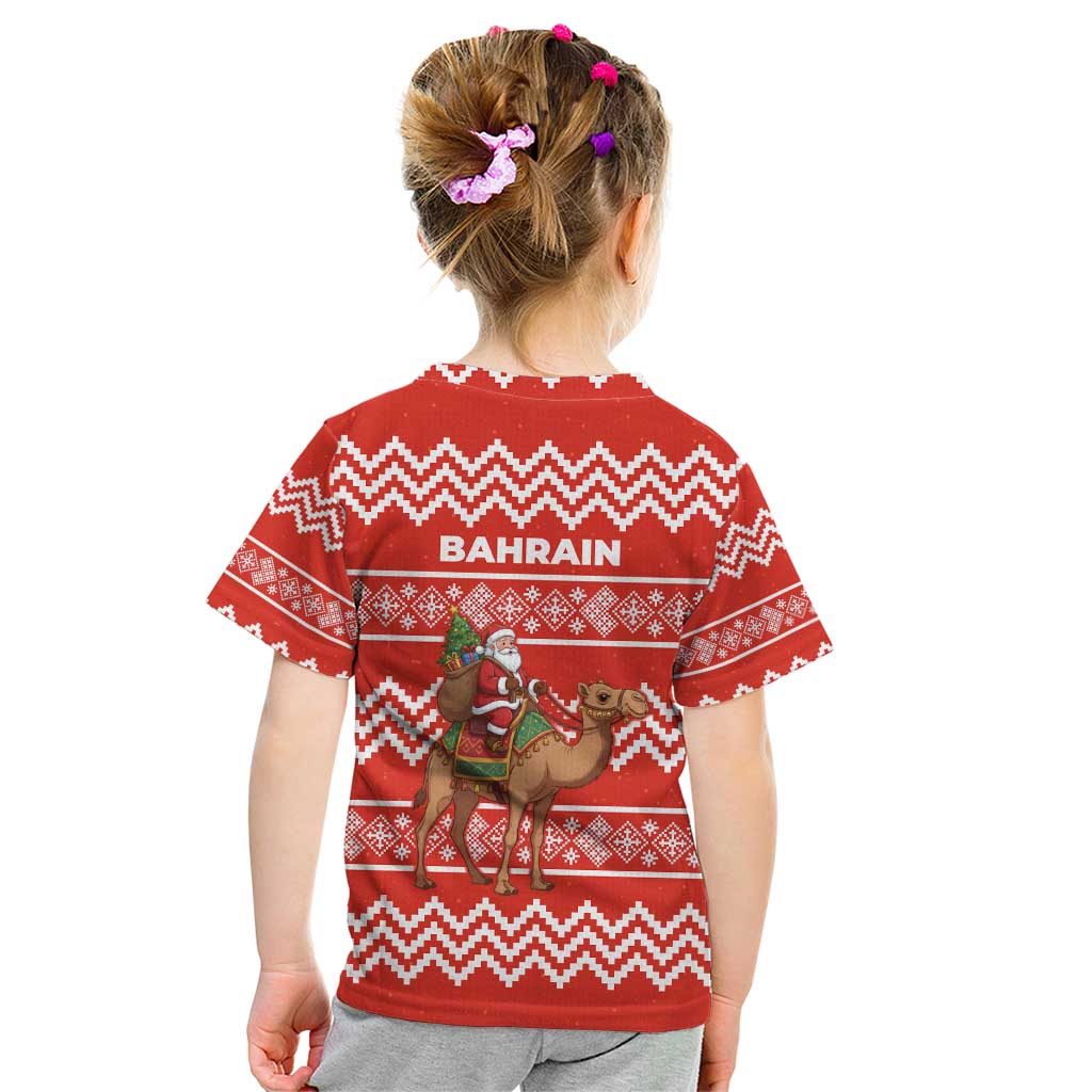 Bahrain Christmas Kid T Shirt with Santa Riding Camel Red Geometric Pattern and Festive Design - Wonder Print Shop