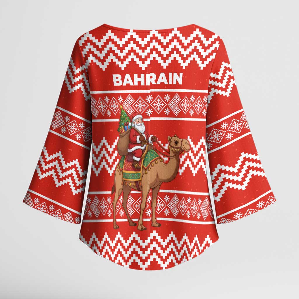 Bahrain Christmas Kimono Sleeve Blouse with Santa Riding Camel Red Geometric Pattern and Festive Design - Wonder Print Shop