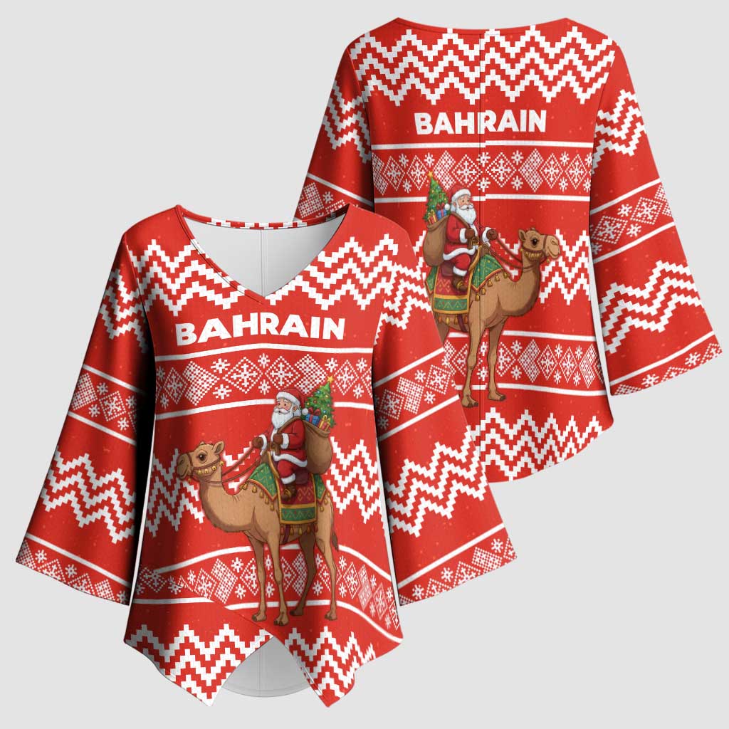 Bahrain Christmas Kimono Sleeve Blouse with Santa Riding Camel Red Geometric Pattern and Festive Design - Wonder Print Shop