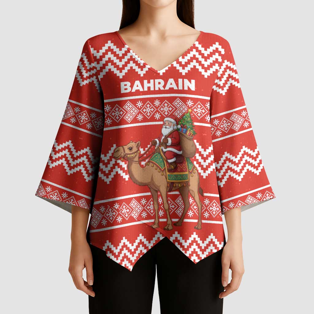 Bahrain Christmas Kimono Sleeve Blouse with Santa Riding Camel Red Geometric Pattern and Festive Design - Wonder Print Shop