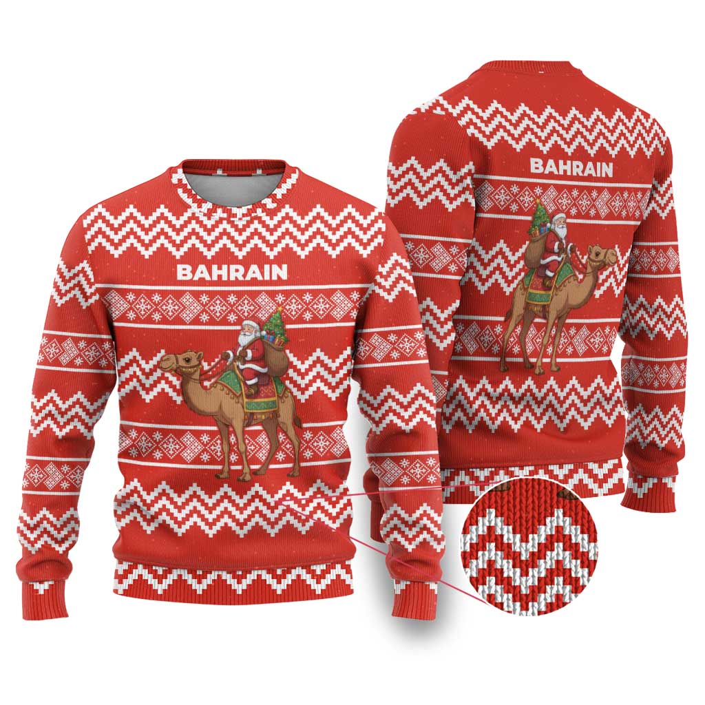 Bahrain Christmas Ugly Christmas Sweater with Santa Riding Camel Red Geometric Pattern and Festive Design - Wonder Print Shop