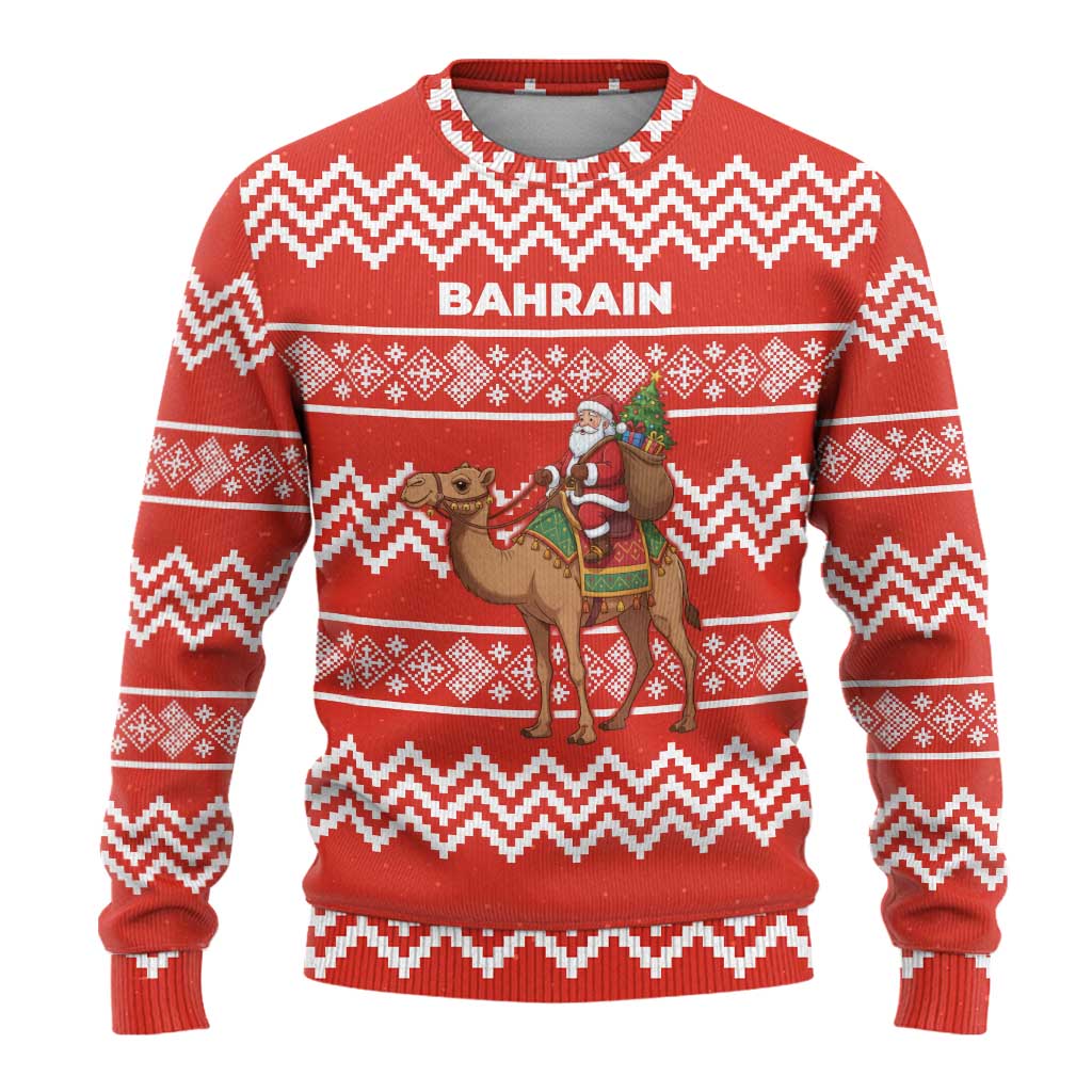 Bahrain Christmas Ugly Christmas Sweater with Santa Riding Camel Red Geometric Pattern and Festive Design - Wonder Print Shop