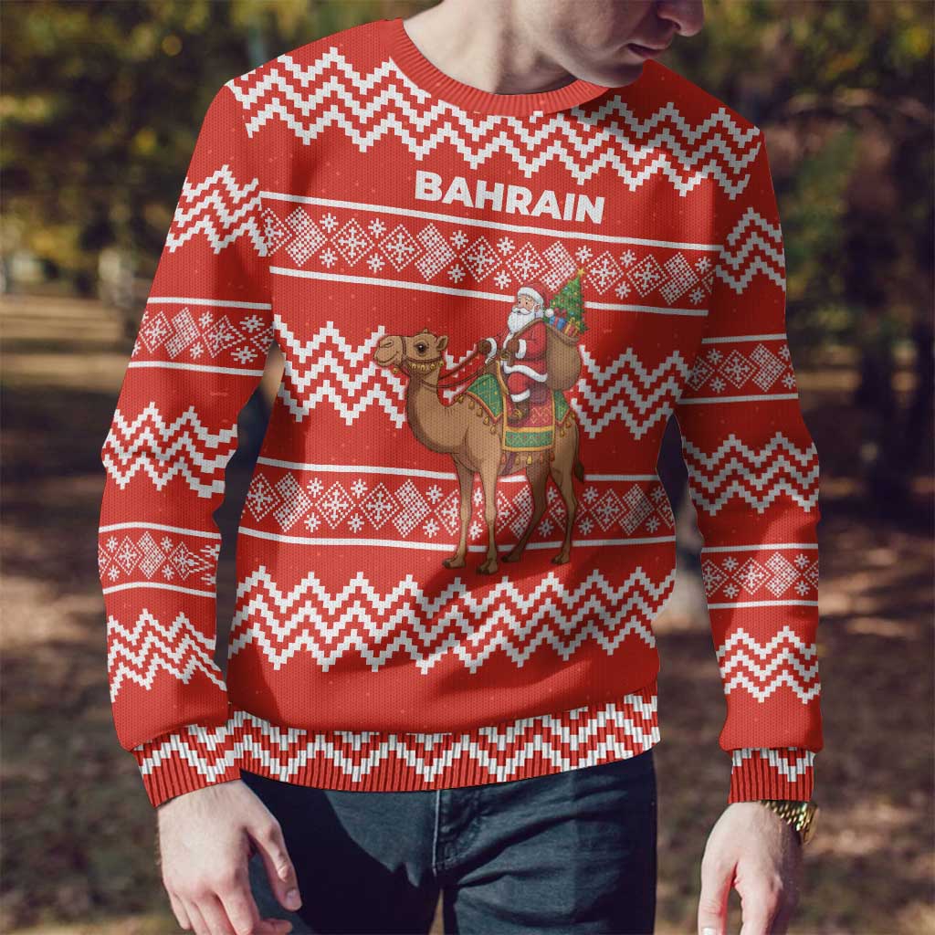 Bahrain Christmas Ugly Christmas Sweater with Santa Riding Camel Red Geometric Pattern and Festive Design - Wonder Print Shop
