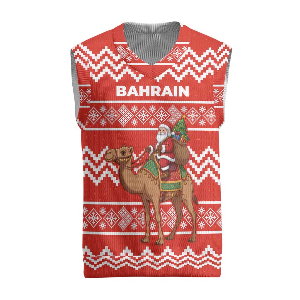 Bahrain Christmas Knitted V-Neck Vest with Santa Riding Camel Red Geometric Pattern and Festive Design - Wonder Print Shop