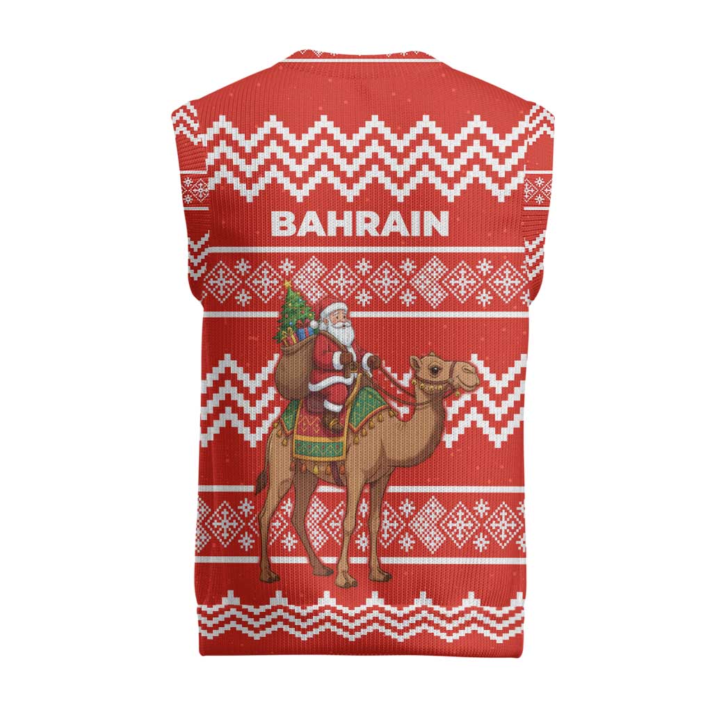 Bahrain Christmas Knitted V-Neck Vest with Santa Riding Camel Red Geometric Pattern and Festive Design - Wonder Print Shop