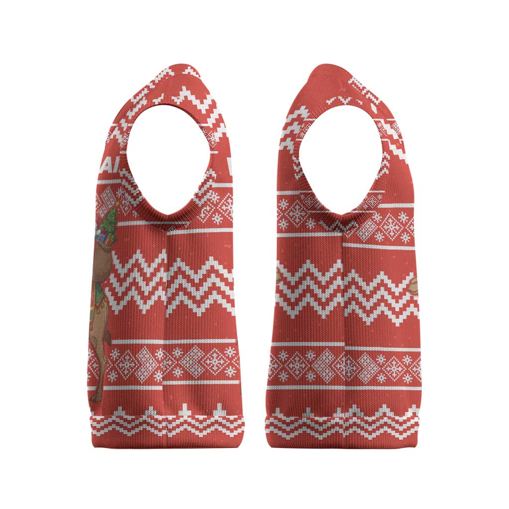 Bahrain Christmas Knitted V-Neck Vest with Santa Riding Camel Red Geometric Pattern and Festive Design - Wonder Print Shop