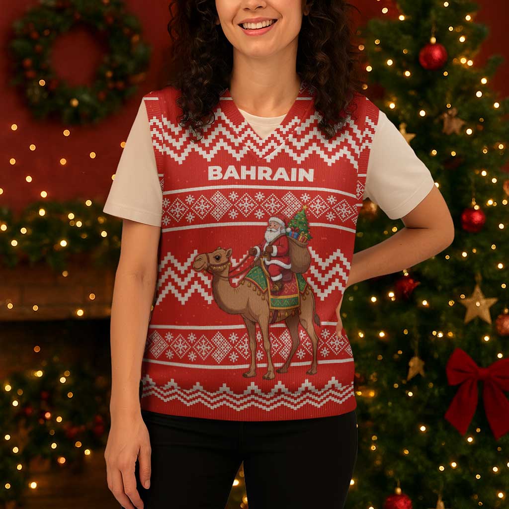 Bahrain Christmas Knitted V-Neck Vest with Santa Riding Camel Red Geometric Pattern and Festive Design - Wonder Print Shop