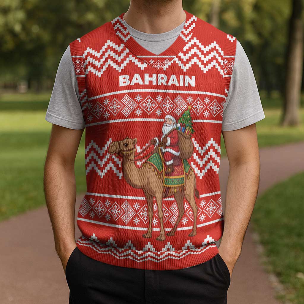 Bahrain Christmas Knitted V-Neck Vest with Santa Riding Camel Red Geometric Pattern and Festive Design - Wonder Print Shop