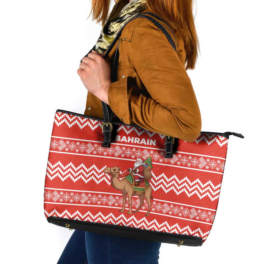 Bahrain Christmas Leather Tote Bag with Santa Riding Camel Red Geometric Pattern and Festive Design - Wonder Print Shop