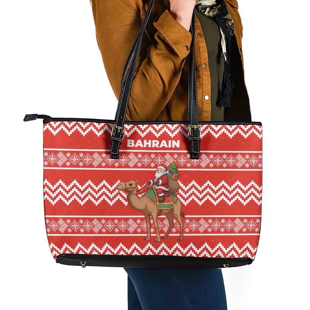 Bahrain Christmas Leather Tote Bag with Santa Riding Camel Red Geometric Pattern and Festive Design - Wonder Print Shop