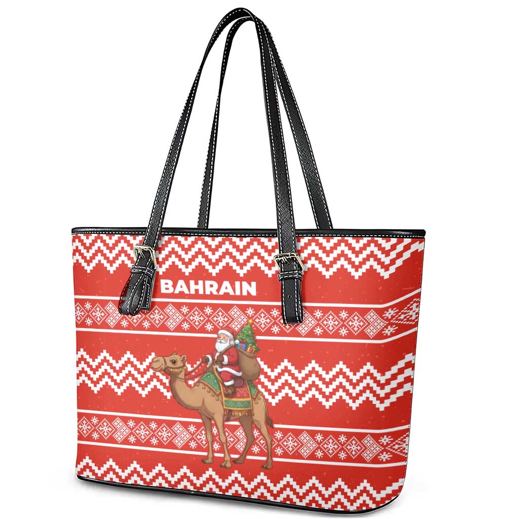 Bahrain Christmas Leather Tote Bag with Santa Riding Camel Red Geometric Pattern and Festive Design - Wonder Print Shop