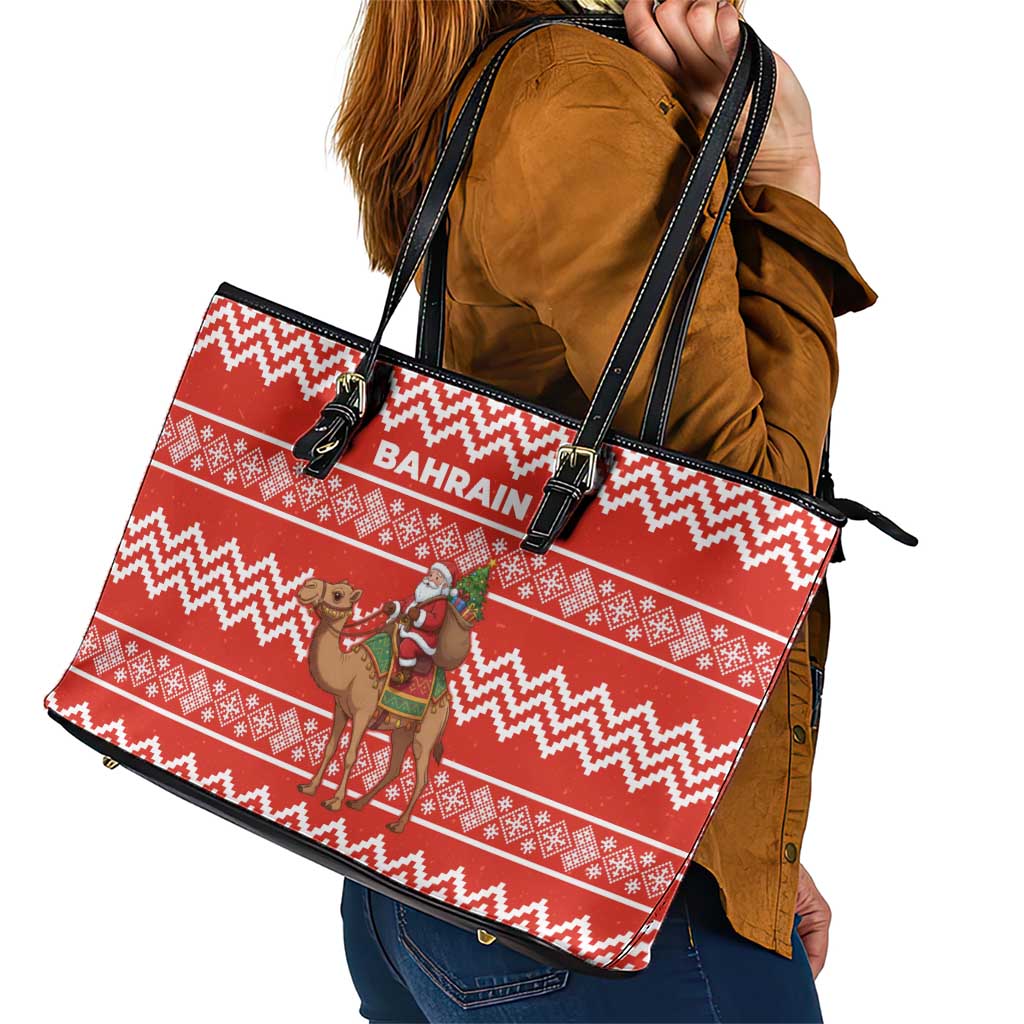 Bahrain Christmas Leather Tote Bag with Santa Riding Camel Red Geometric Pattern and Festive Design - Wonder Print Shop