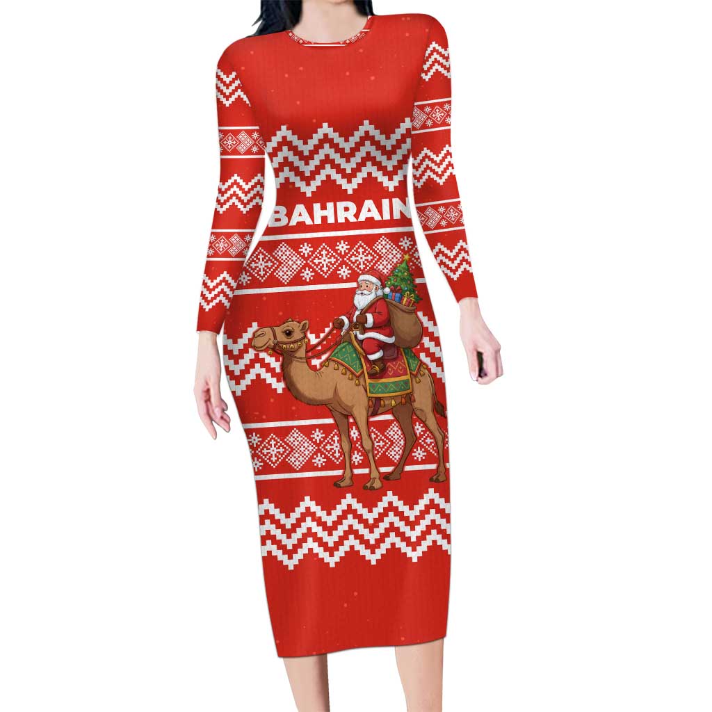 Bahrain Christmas Long Sleeve Bodycon Dress with Santa Riding Camel Red Geometric Pattern and Festive Design - Wonder Print Shop