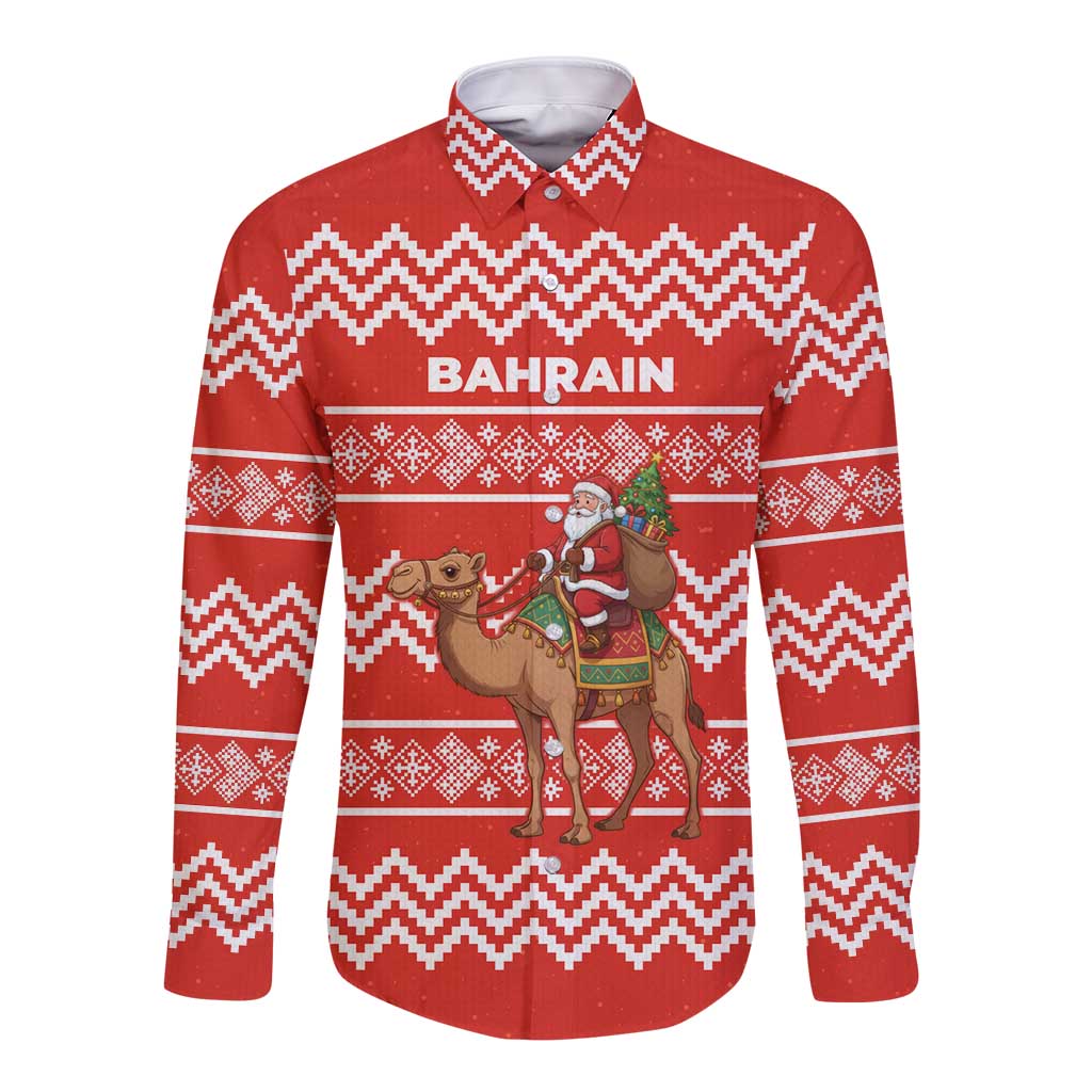 Bahrain Christmas Long Sleeve Button Shirt with Santa Riding Camel Red Geometric Pattern and Festive Design - Wonder Print Shop