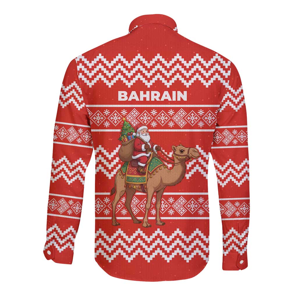 Bahrain Christmas Long Sleeve Button Shirt with Santa Riding Camel Red Geometric Pattern and Festive Design - Wonder Print Shop