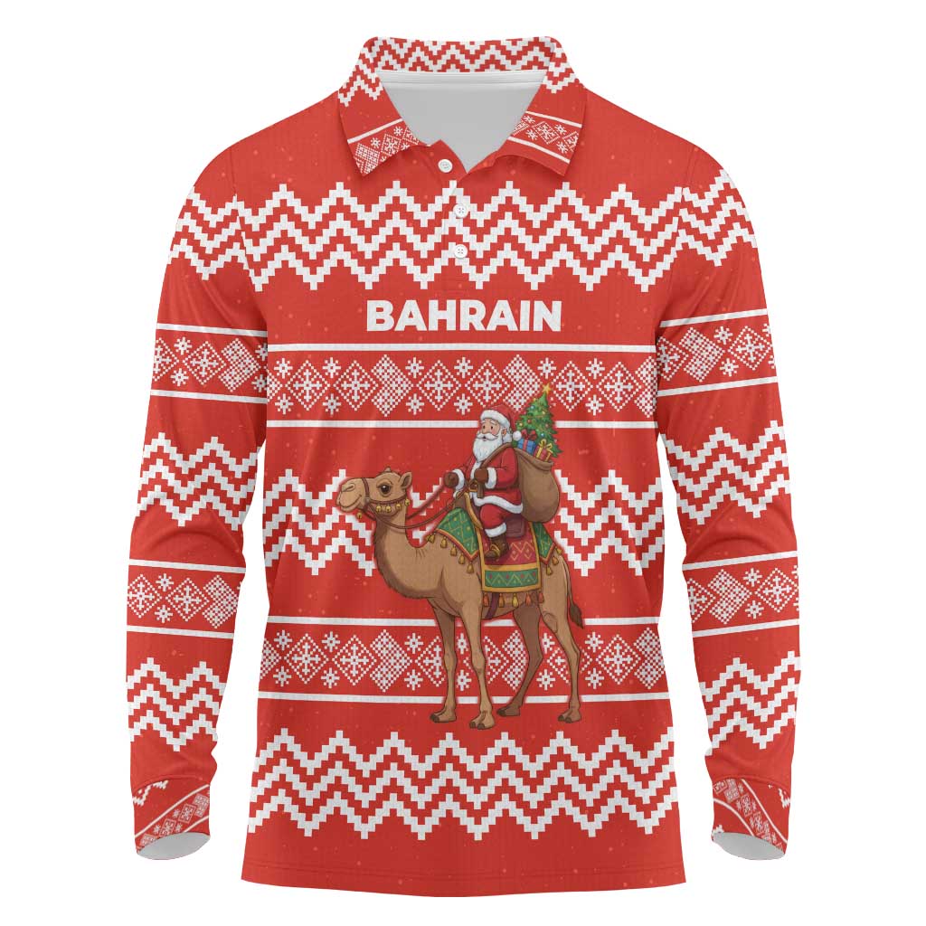 Bahrain Christmas Long Sleeve Polo Shirt with Santa Riding Camel Red Geometric Pattern and Festive Design - Wonder Print Shop
