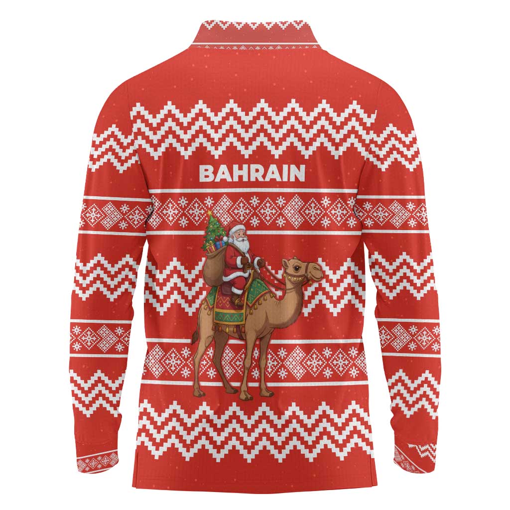 Bahrain Christmas Long Sleeve Polo Shirt with Santa Riding Camel Red Geometric Pattern and Festive Design - Wonder Print Shop