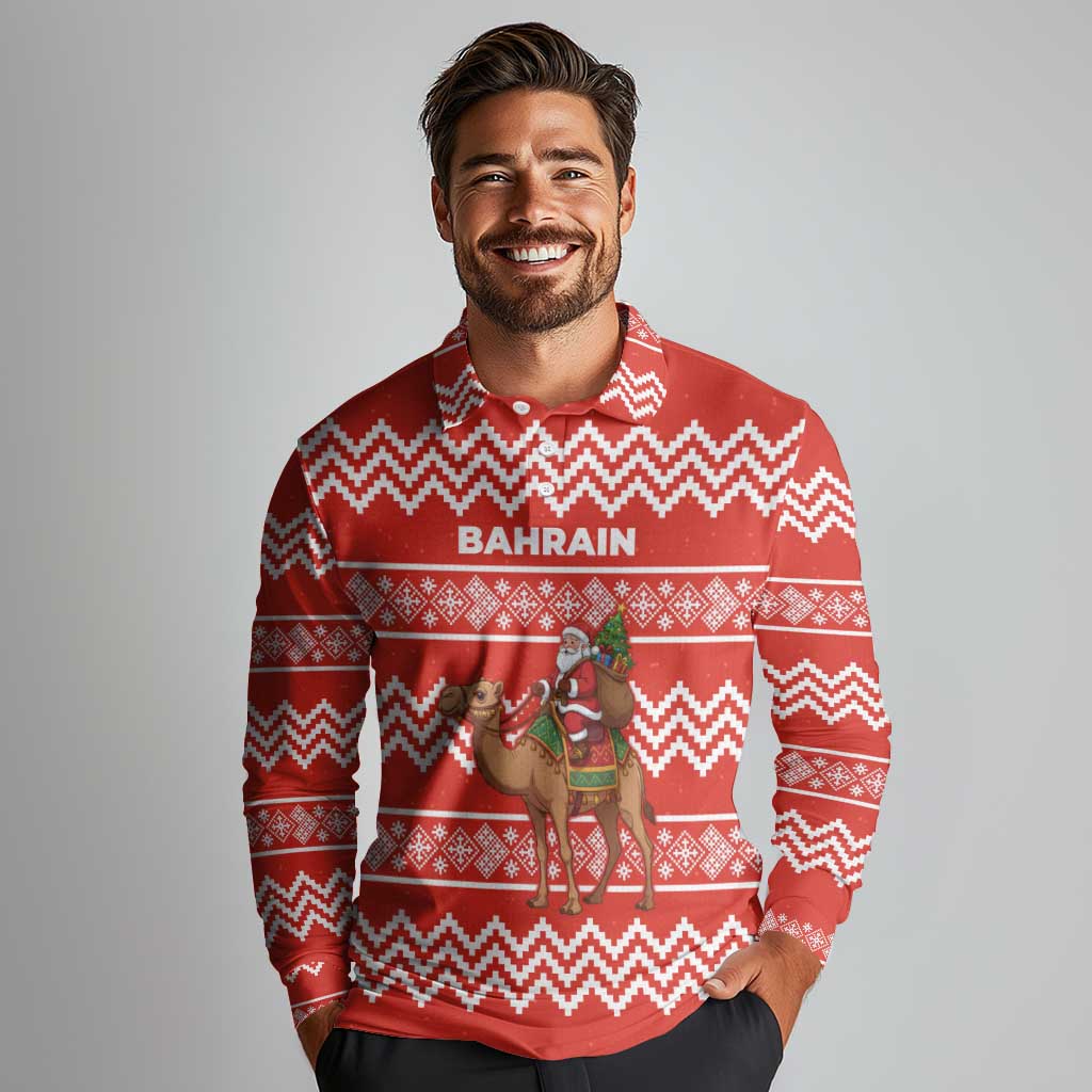 Bahrain Christmas Long Sleeve Polo Shirt with Santa Riding Camel Red Geometric Pattern and Festive Design - Wonder Print Shop