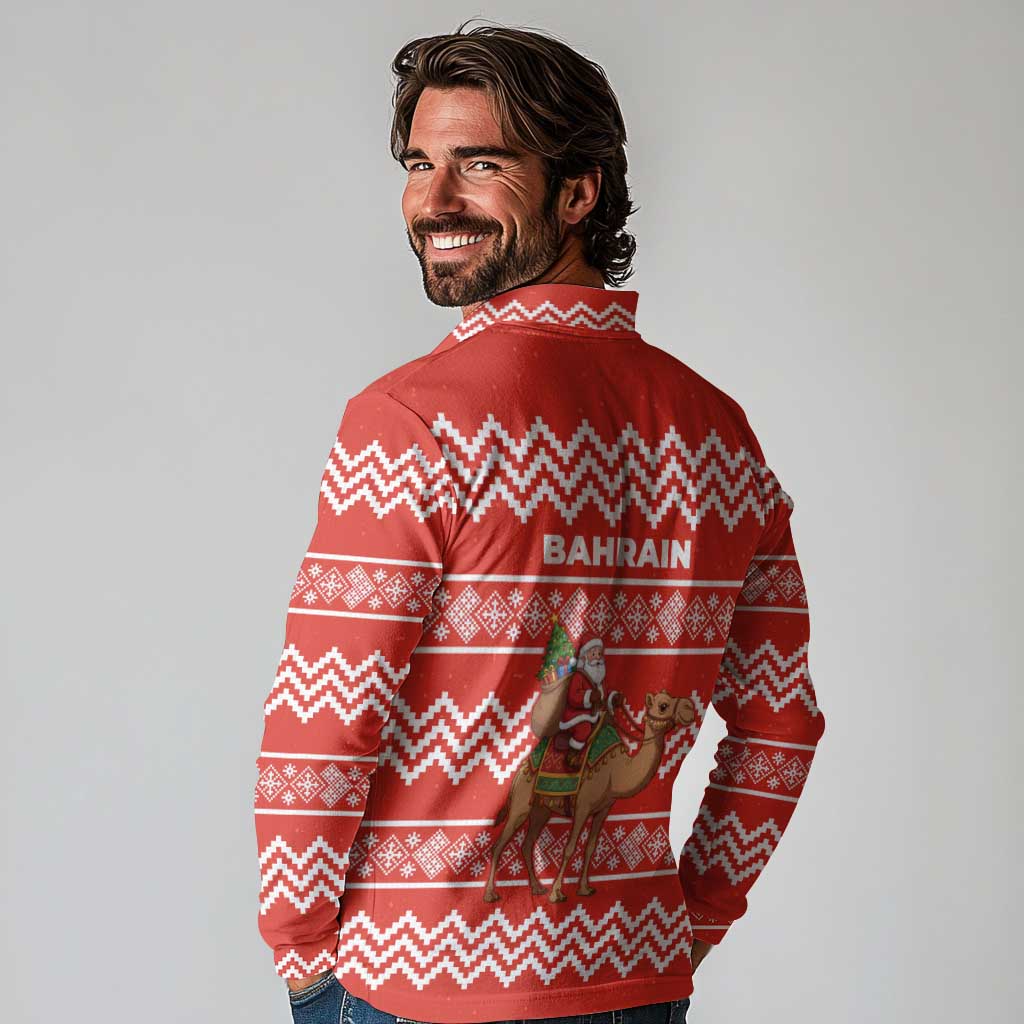 Bahrain Christmas Long Sleeve Polo Shirt with Santa Riding Camel Red Geometric Pattern and Festive Design - Wonder Print Shop