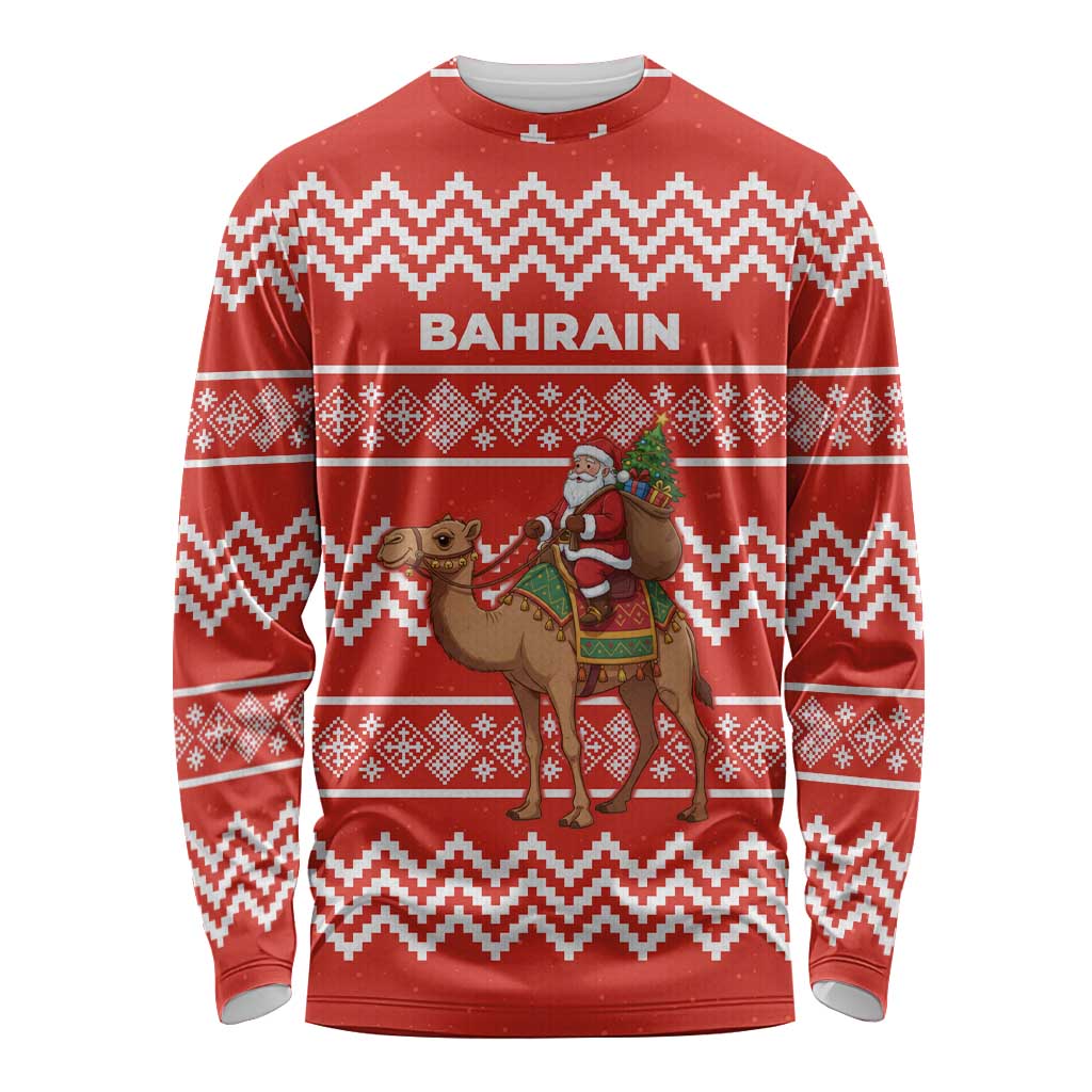 Bahrain Christmas Long Sleeve Shirt with Santa Riding Camel Red Geometric Pattern and Festive Design - Wonder Print Shop