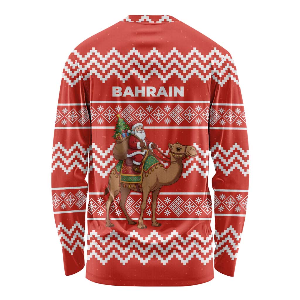 Bahrain Christmas Long Sleeve Shirt with Santa Riding Camel Red Geometric Pattern and Festive Design - Wonder Print Shop