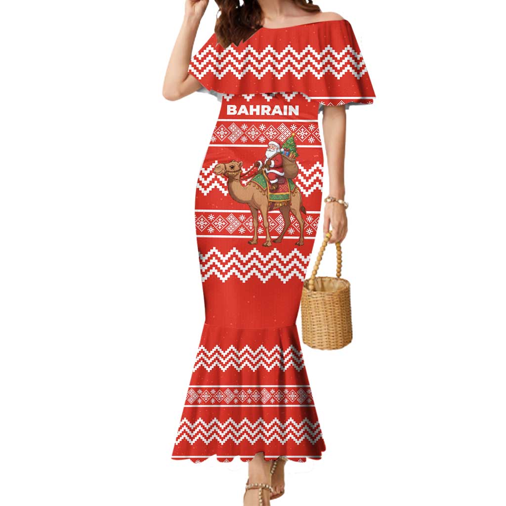 Bahrain Christmas Mermaid Dress with Santa Riding Camel Red Geometric Pattern and Festive Design - Wonder Print Shop