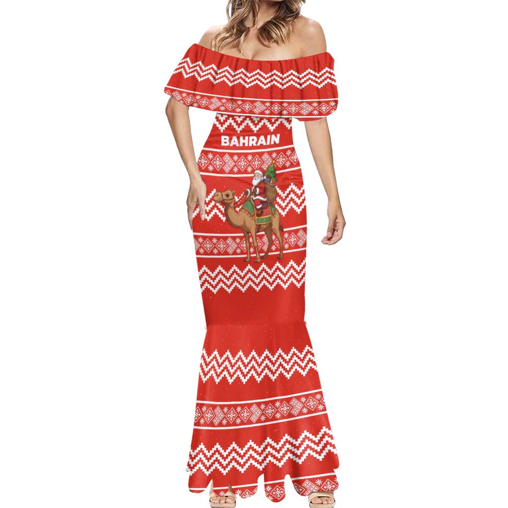 Bahrain Christmas Mermaid Dress with Santa Riding Camel Red Geometric Pattern and Festive Design - Wonder Print Shop