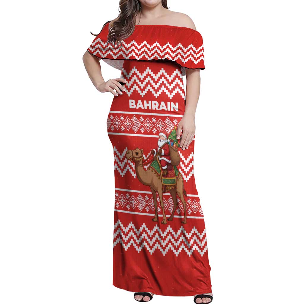 Bahrain Christmas Off Shoulder Maxi Dress with Santa Riding Camel Red Geometric Pattern and Festive Design - Wonder Print Shop