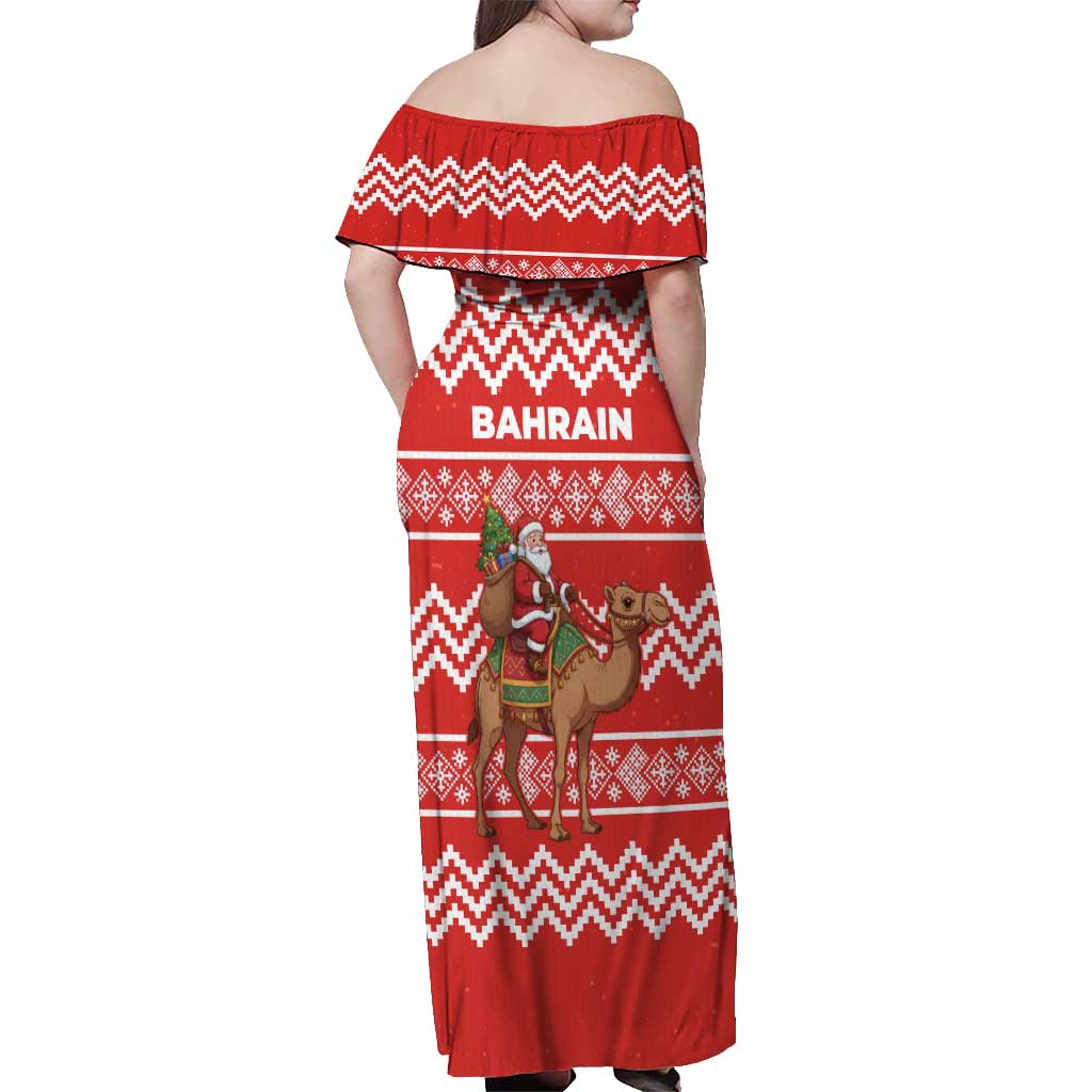 Bahrain Christmas Off Shoulder Maxi Dress with Santa Riding Camel Red Geometric Pattern and Festive Design - Wonder Print Shop