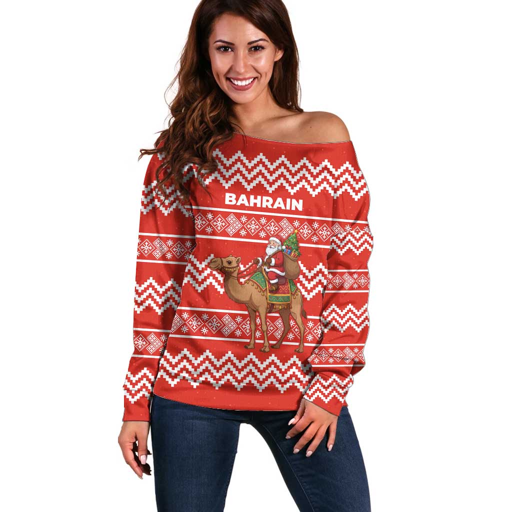 Bahrain Christmas Off Shoulder Sweater with Santa Riding Camel Red Geometric Pattern and Festive Design - Wonder Print Shop