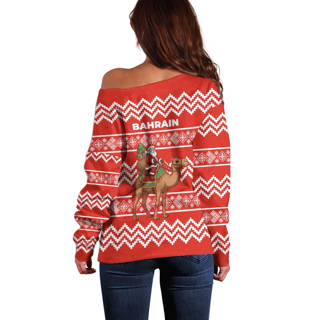 Bahrain Christmas Off Shoulder Sweater with Santa Riding Camel Red Geometric Pattern and Festive Design - Wonder Print Shop