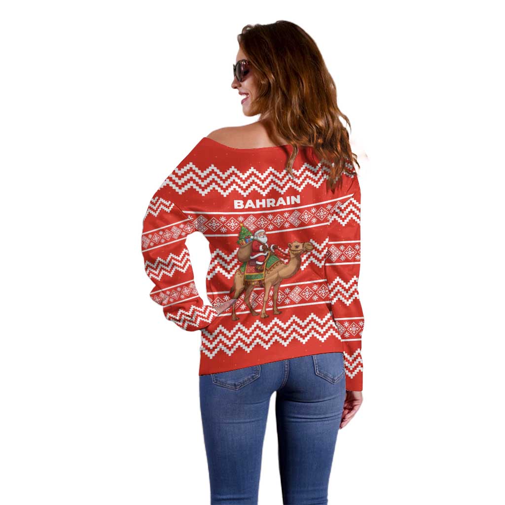 Bahrain Christmas Off Shoulder Sweater with Santa Riding Camel Red Geometric Pattern and Festive Design - Wonder Print Shop