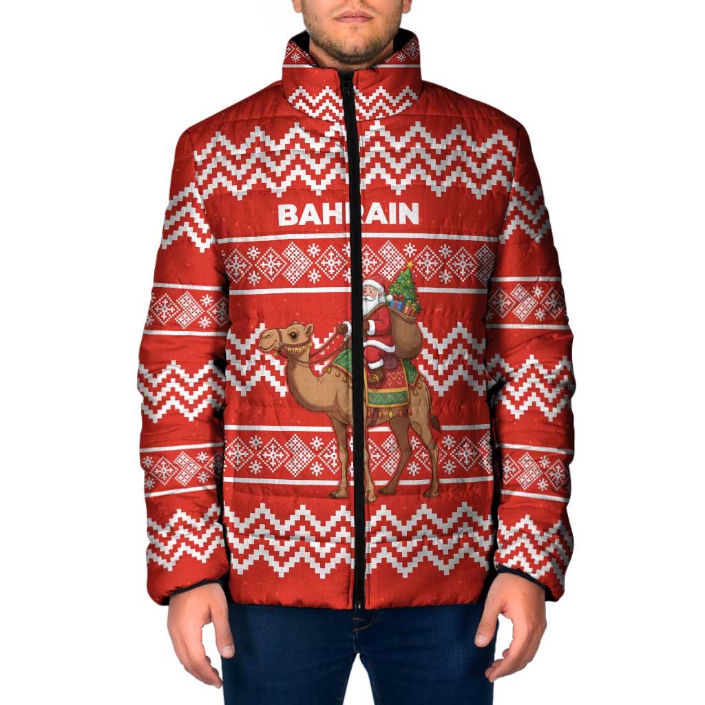 Bahrain Christmas Padded Jacket with Santa Riding Camel Red Geometric Pattern and Festive Design - Wonder Print Shop